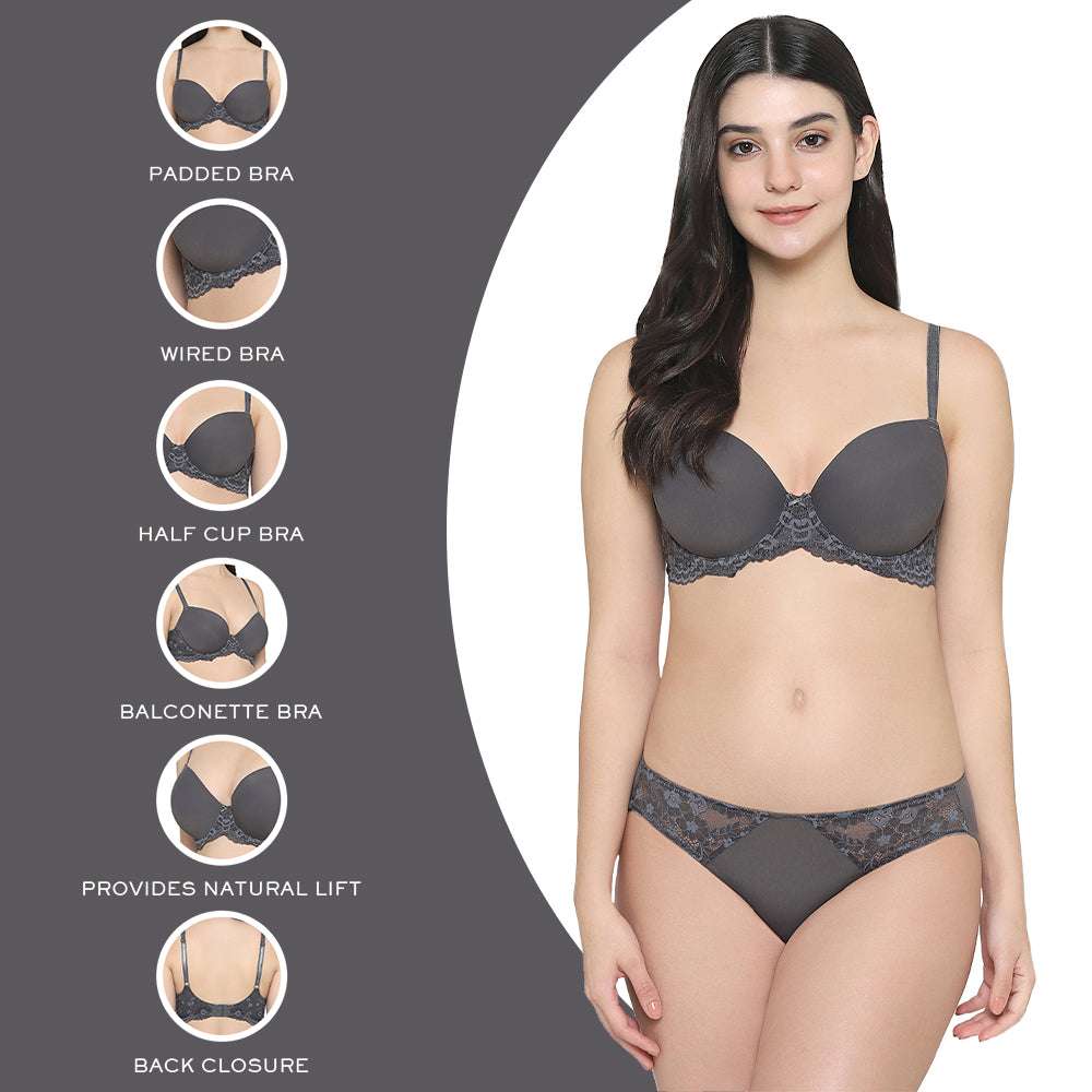 Balcony & Beyond Padded Wired Half Cup Everyday Wear Smooth Finish Fashion Bra - Grey