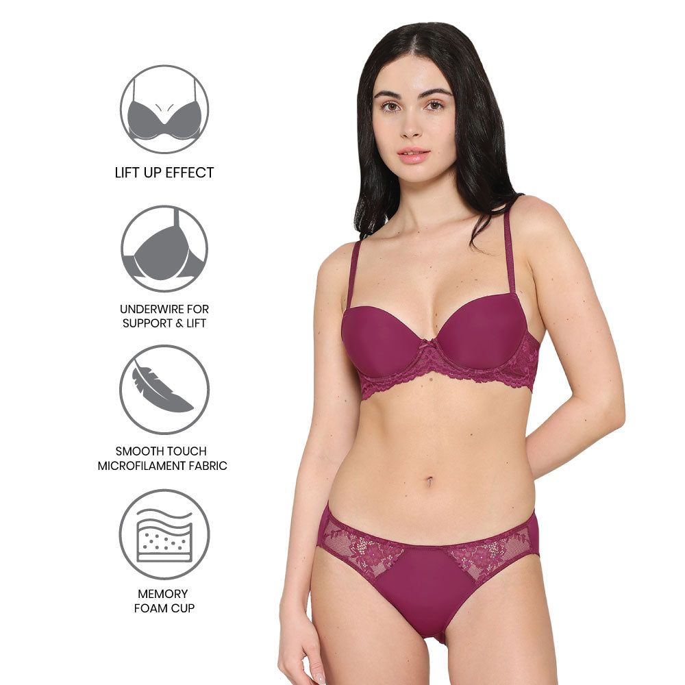 Balcony & Beyond Padded Wired Half Cup Everyday Wear Smooth Finish Fashion Bra -Wine