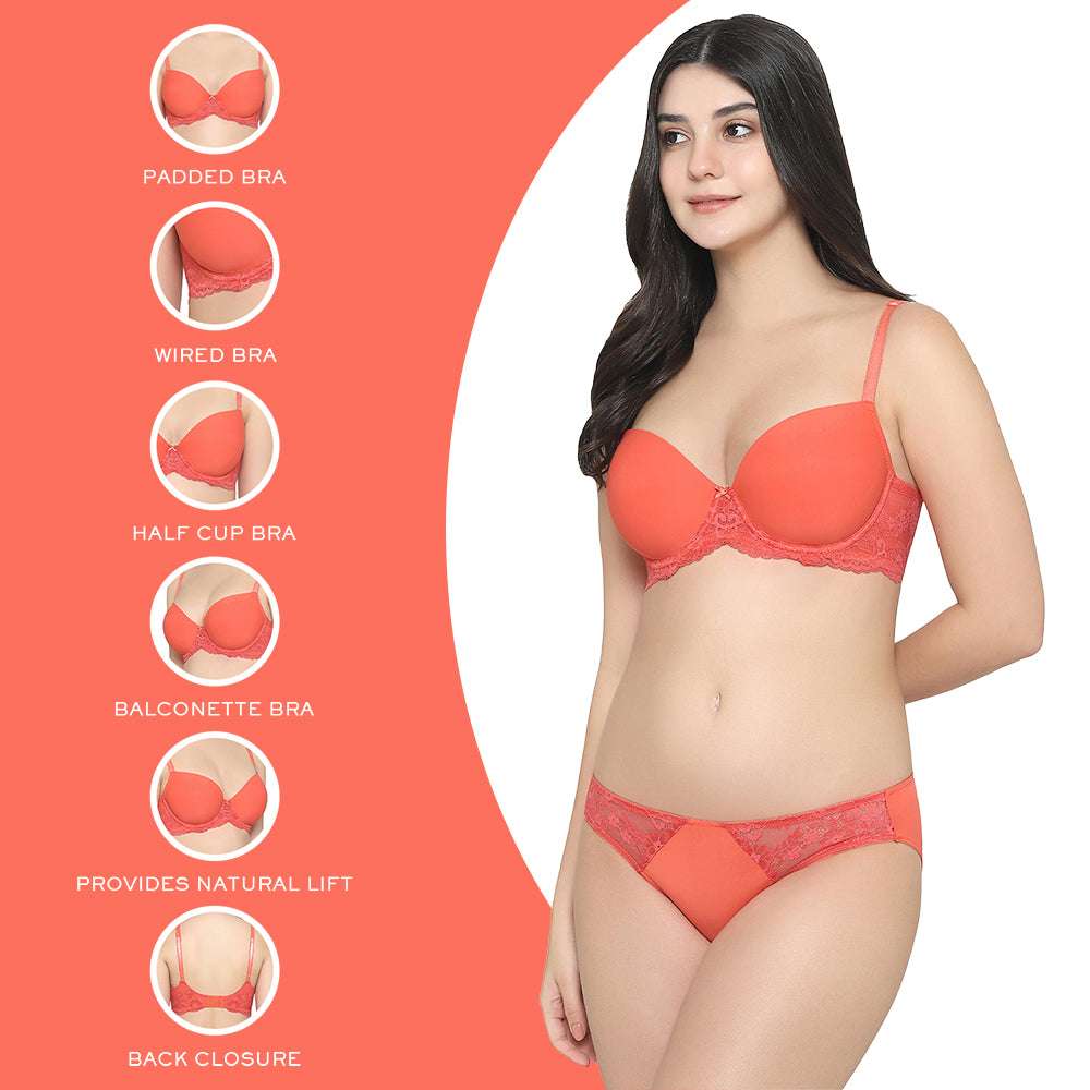 Balcony & Beyond Padded Wired Half Cup Everyday Wear Smooth Finish Fashion Bra - Orange