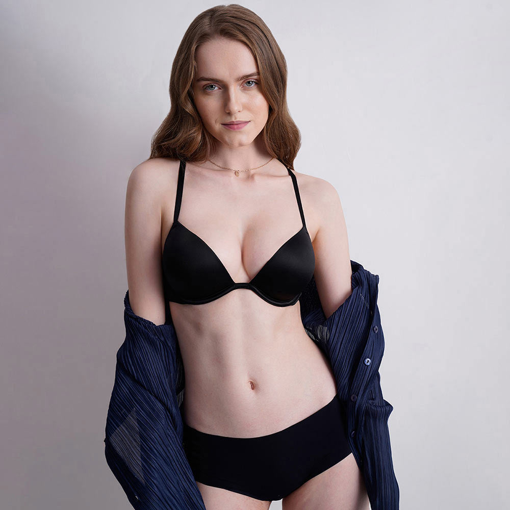 Playful Love Padded Wired Demi Cup Plunge Neck  Party Wear Level 3 Push-up Bra - Black