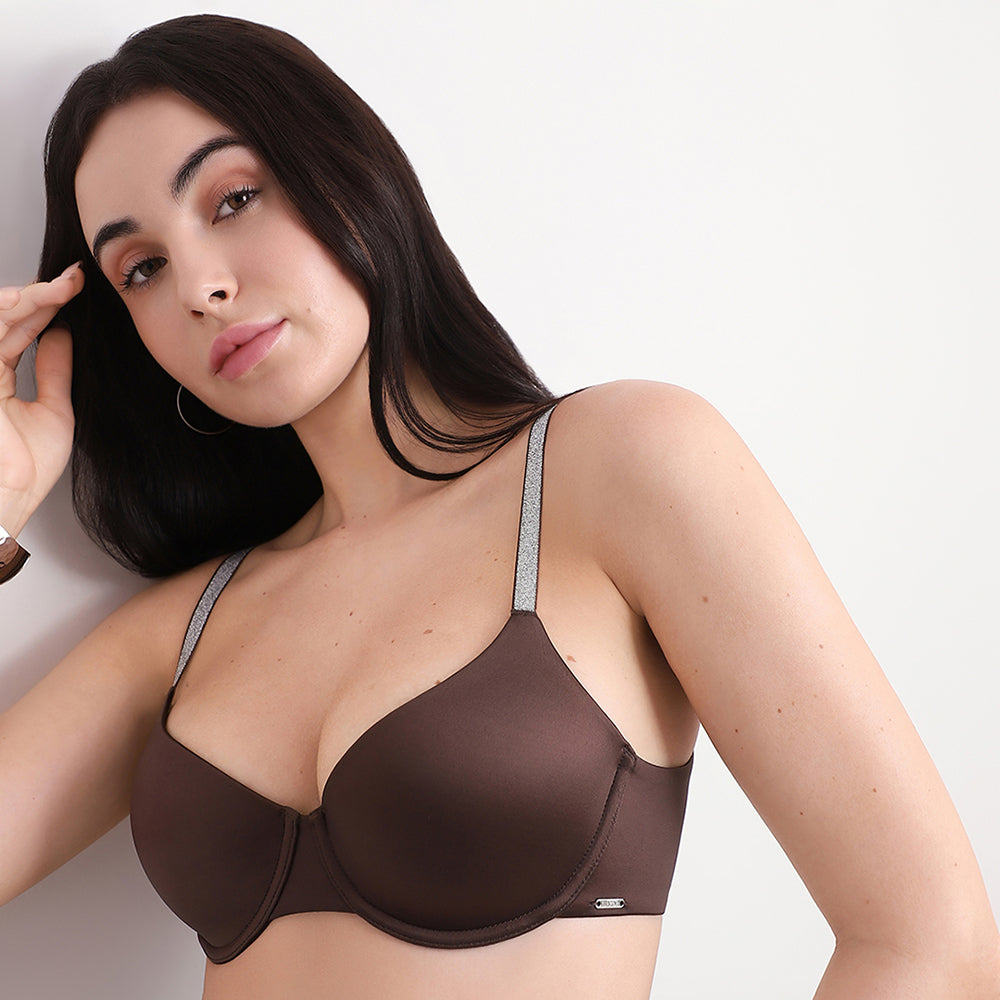 Wacoal Women’s Stellar Padded Wired 3/4th Cup Shimmer Straps  Party Wear T-shirt Bra-Brown