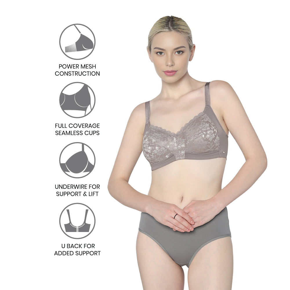 BASICS Grace Non Padded Non-Wired Full Cup Soft Lace Plus Size Full Support Bra-Grey