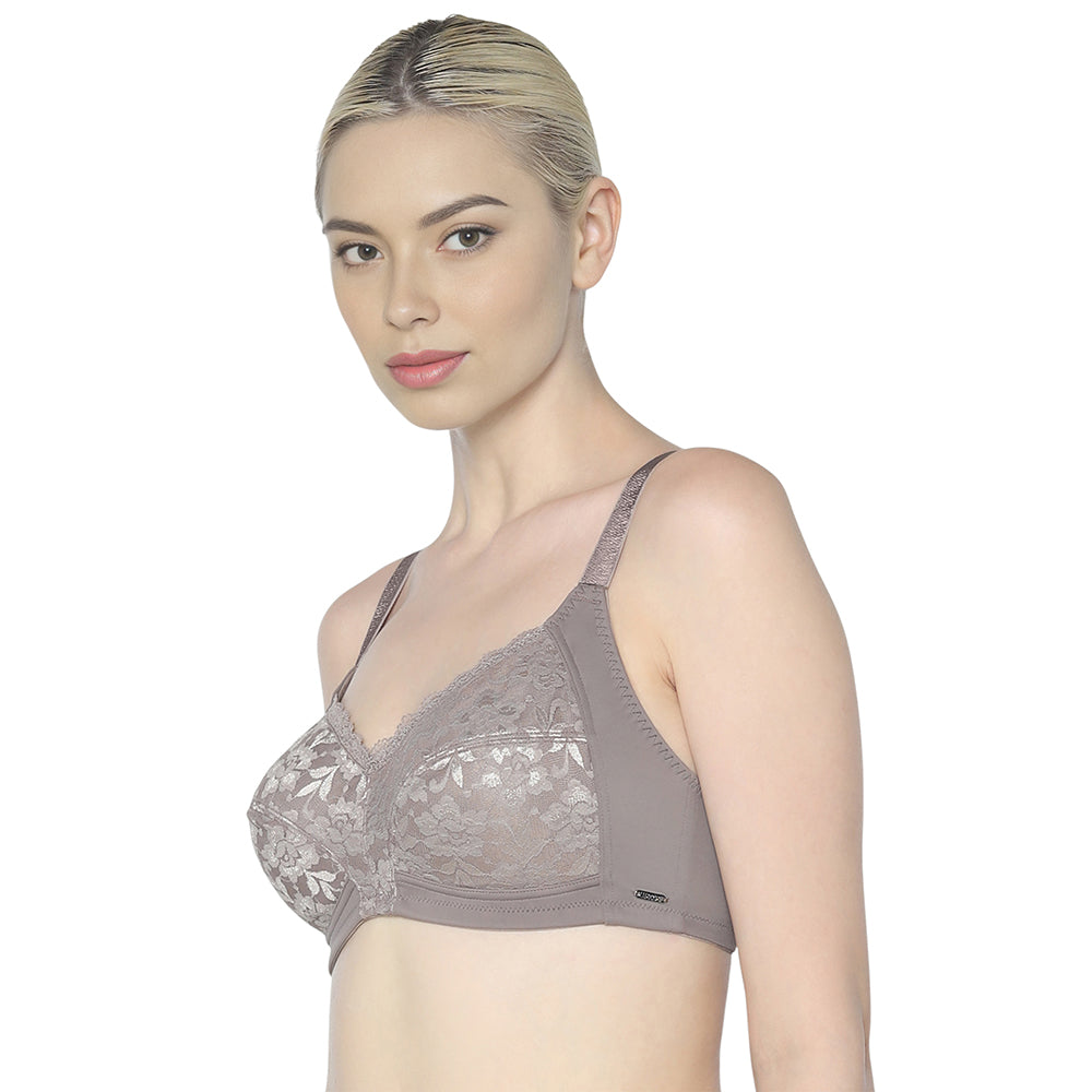 BASICS Grace Non Padded Non-Wired Full Cup Soft Lace Plus Size Full Support Bra-Grey