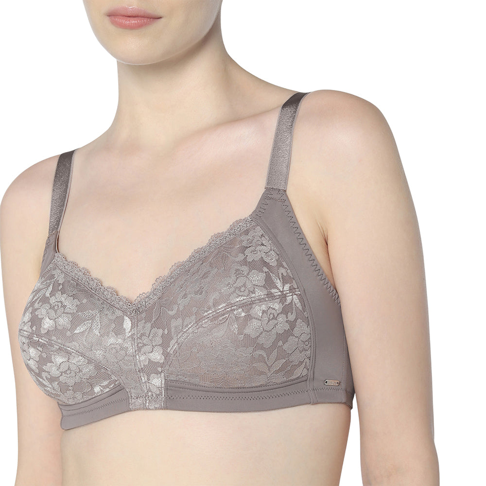 BASICS Grace Non Padded Non-Wired Full Cup Soft Lace Plus Size Full Support Bra-Grey