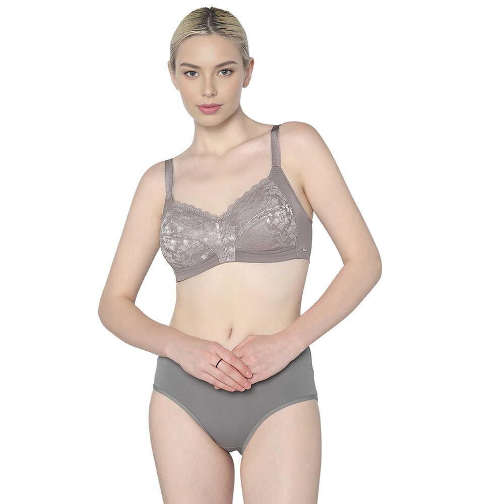BASICS Grace Non Padded Non-Wired Full Cup Soft Lace Plus Size Full Support Bra-Grey