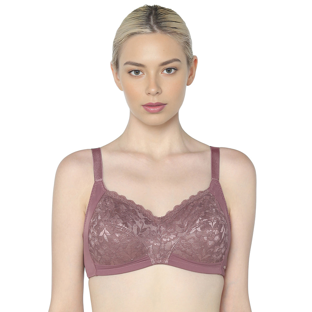 BASICS Grace Non Padded Non-Wired Full Cup Soft Lace Plus Size Full Support Bra-Brown
