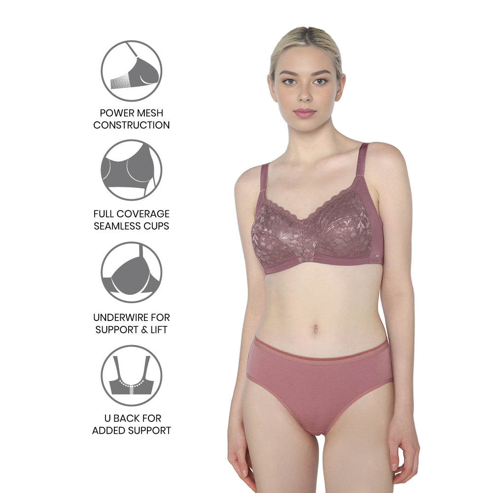 BASICS Grace Non Padded Non-Wired Full Cup Soft Lace Plus Size Full Support Bra-Brown
