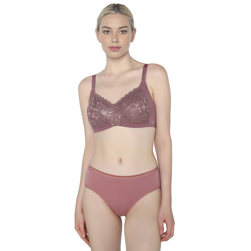 BASICS Grace Non Padded Non-Wired Full Cup Soft Lace Plus Size Full Support Bra-Brown