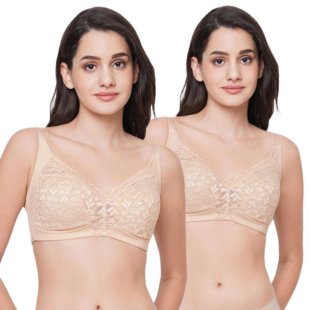 Grace  Non Padded Non-Wired Full Cup Soft Lace Plus Size Pack of 2 Full Support Bra