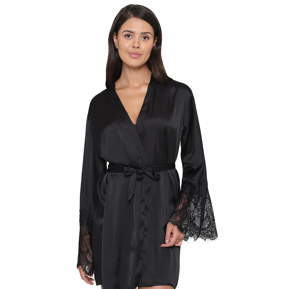 Lacy Sleeves Knee Length Shiny Finish Wrap-Over Bridal Wear Satin Robe - Black