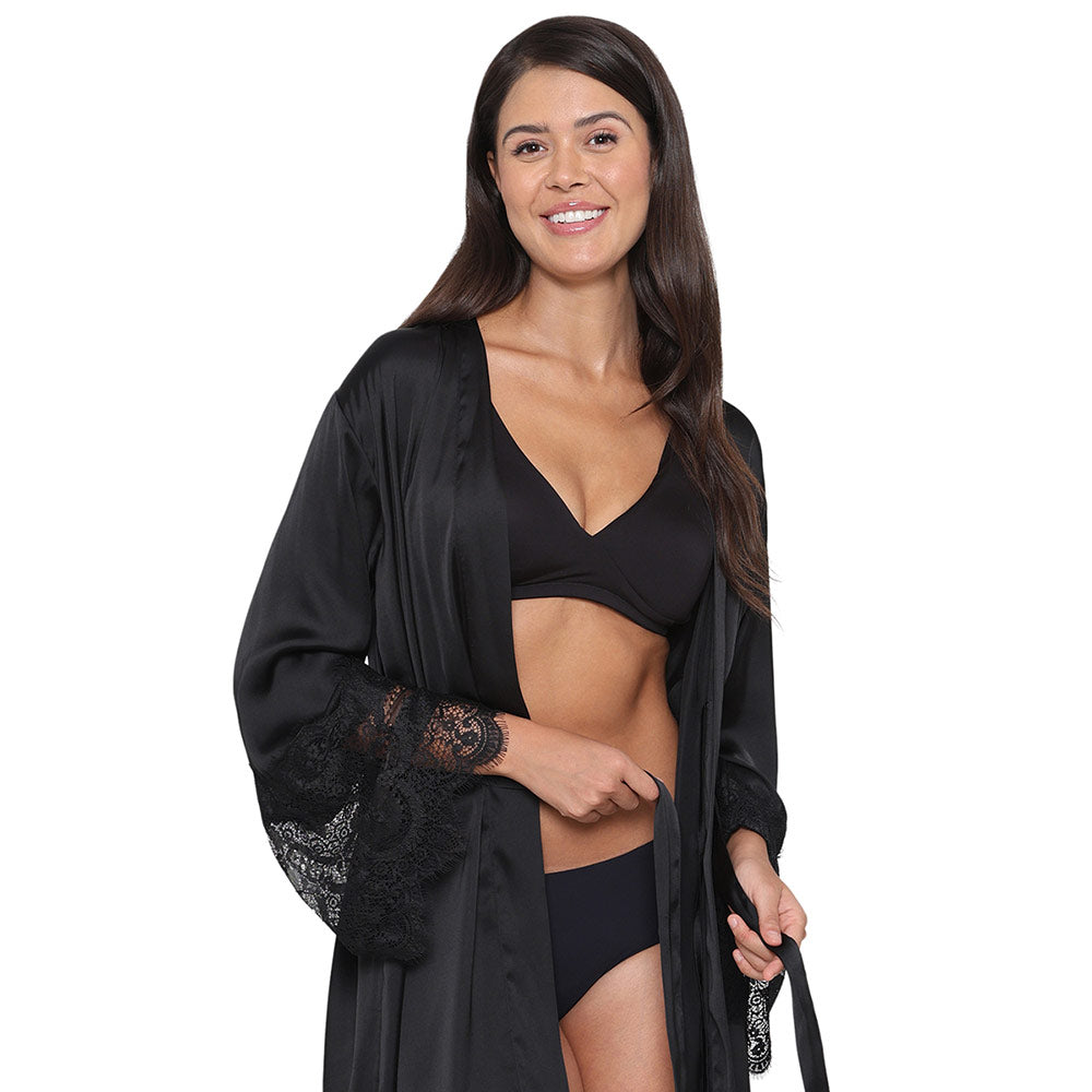 Lacy Sleeves Knee Length Shiny Finish Wrap-Over Bridal Wear Satin Robe - Black