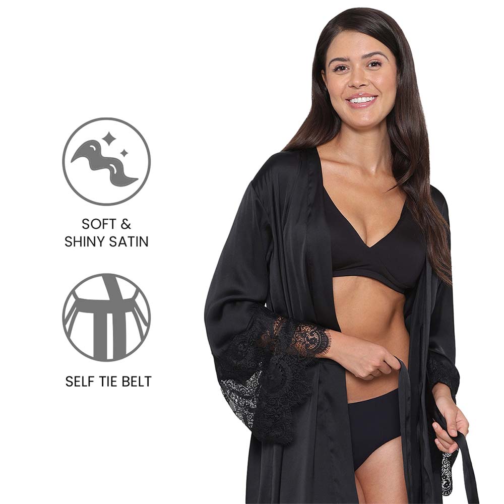 Lacy Sleeves Knee Length Shiny Finish Wrap-Over Bridal Wear Satin Robe - Black