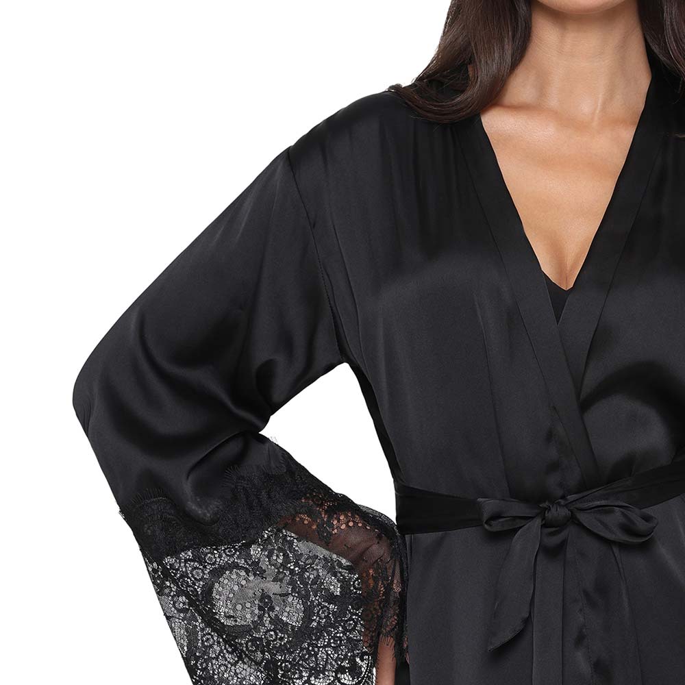 Lacy Sleeves Knee Length Shiny Finish Wrap-Over Bridal Wear Satin Robe - Black