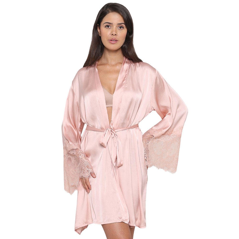 Lacy Sleeves Knee Length Shiny Finish Wrap-Over Bridal Wear Satin Robe - Peach