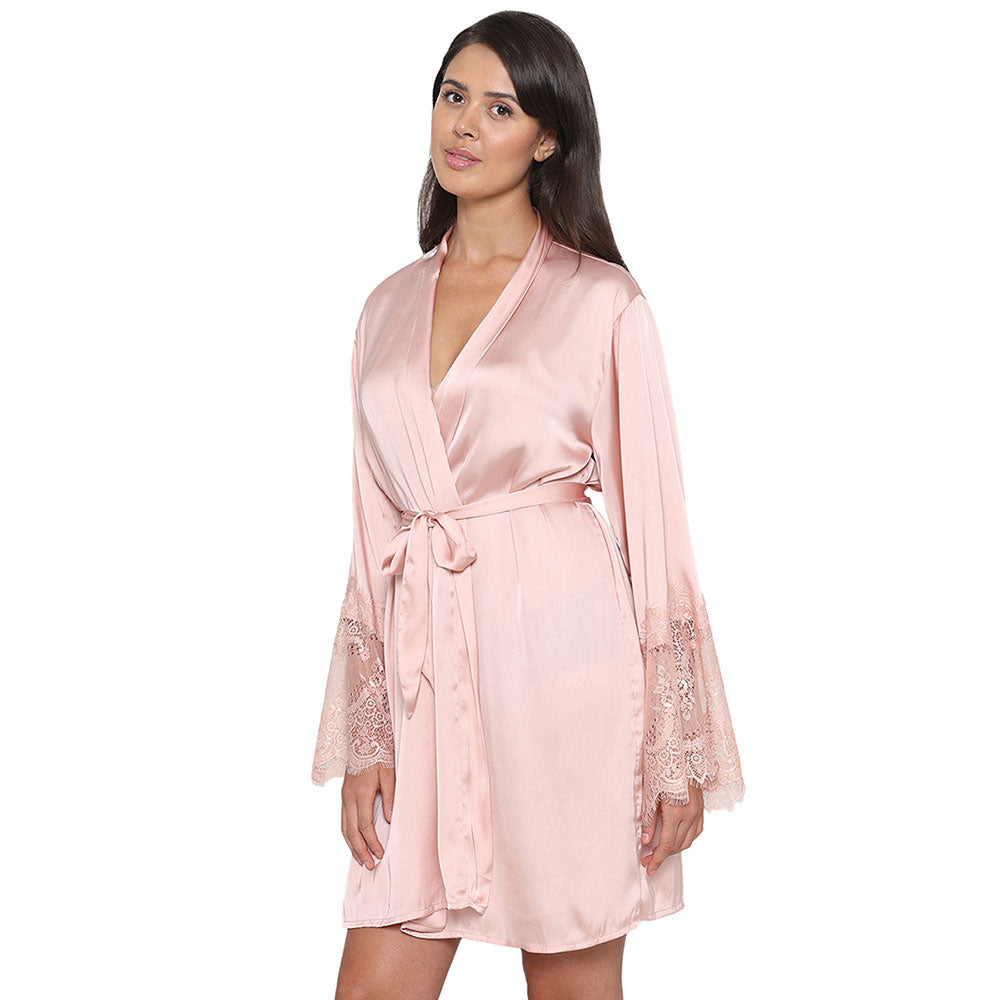 Lacy Sleeves Knee Length Shiny Finish Wrap-Over Bridal Wear Satin Robe - Peach
