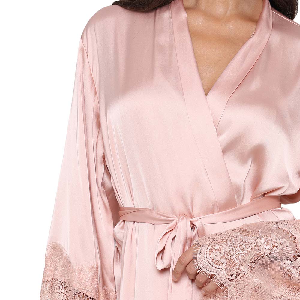 Lacy Sleeves Knee Length Shiny Finish Wrap-Over Bridal Wear Satin Robe - Peach