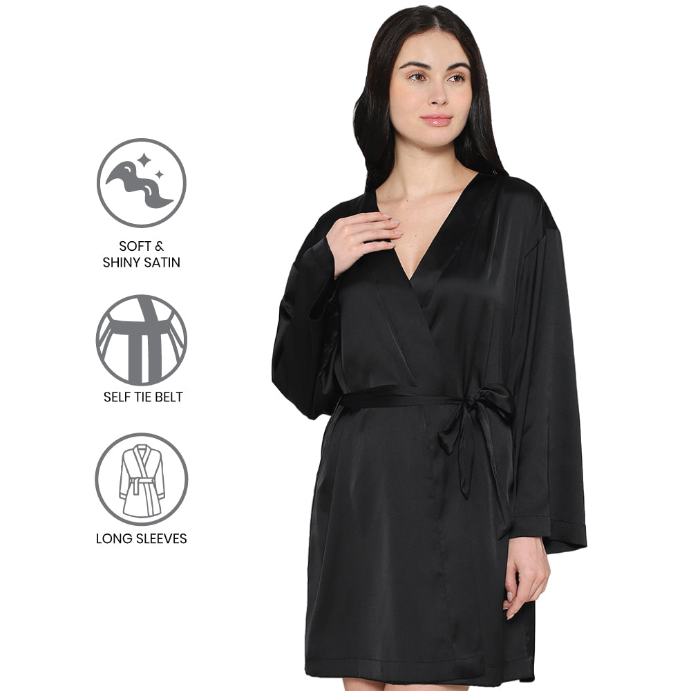 Wacoal Women’s Long Sleeve Knee Length Shiny Finish Bridal Wear Satin Robe-Black