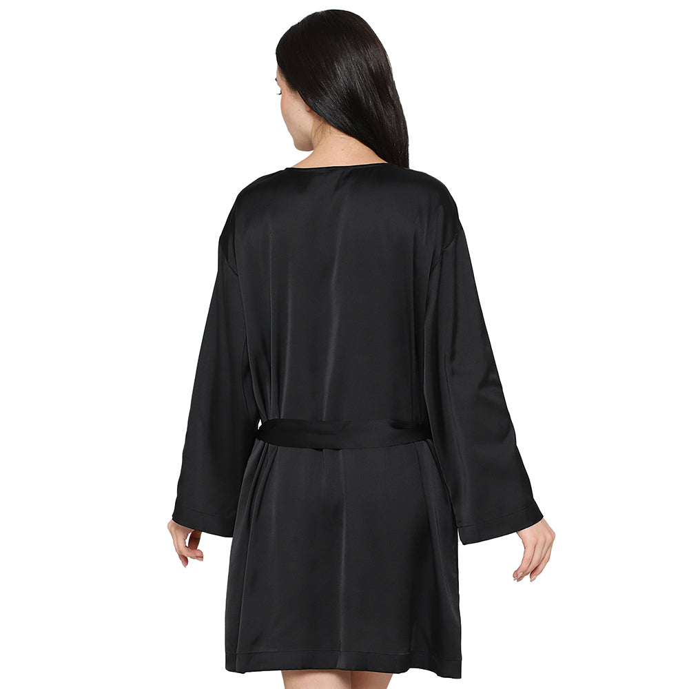 Wacoal Women’s Long Sleeve Knee Length Shiny Finish Bridal Wear Satin Robe-Black