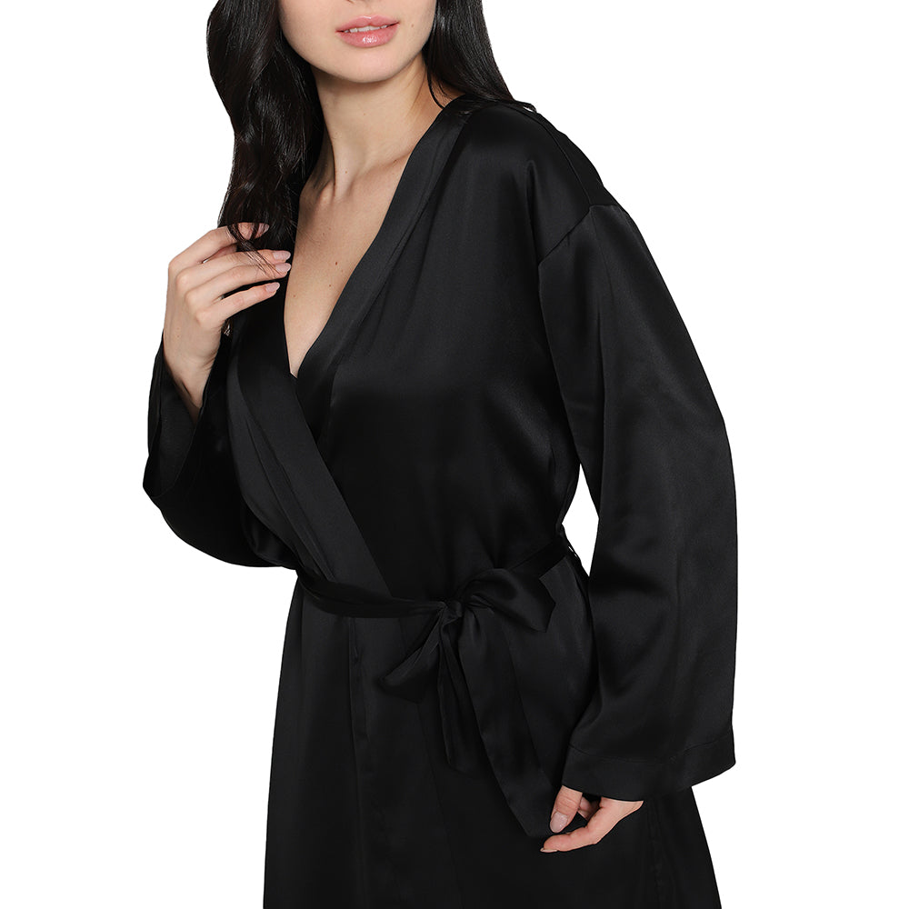 Wacoal Women’s Long Sleeve Knee Length Shiny Finish Bridal Wear Satin Robe-Black
