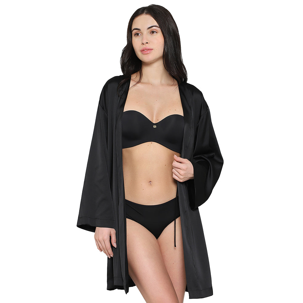 Wacoal Women’s Long Sleeve Knee Length Shiny Finish Bridal Wear Satin Robe-Black