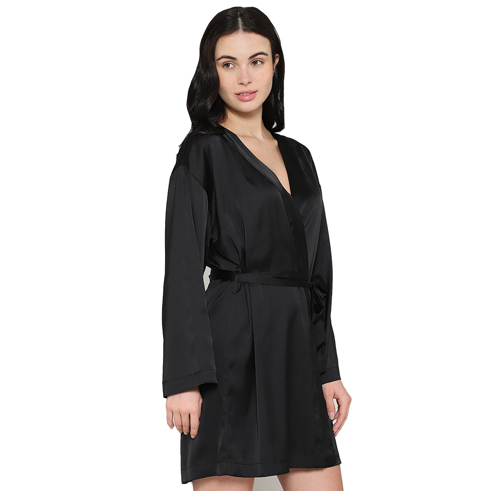 Wacoal Women’s Long Sleeve Knee Length Shiny Finish Bridal Wear Satin Robe-Black