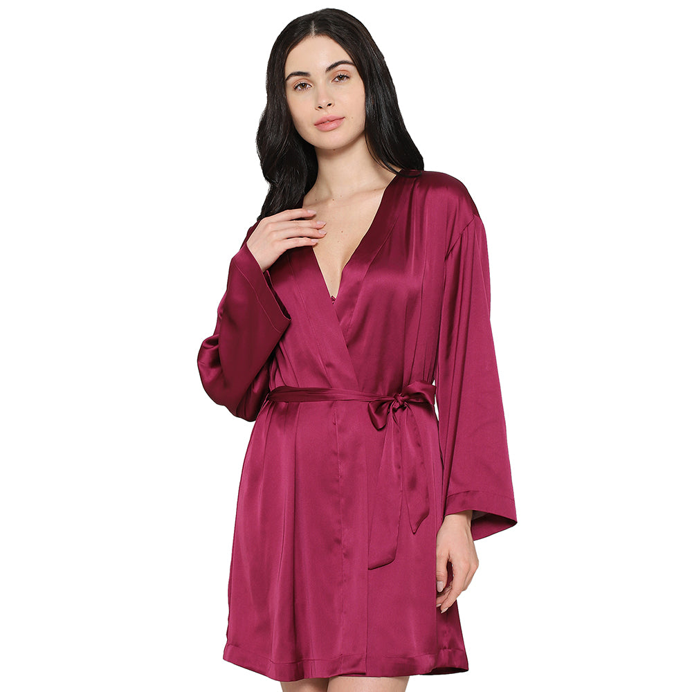Wacoal Women’s Long Sleeve Knee Length Shiny Finish Bridal Wear Satin Robe-Burgandy