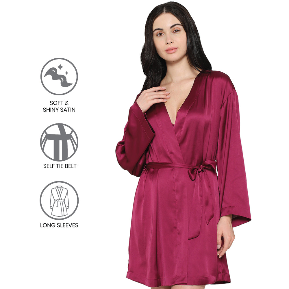 Wacoal Women’s Long Sleeve Knee Length Shiny Finish Bridal Wear Satin Robe-Burgandy