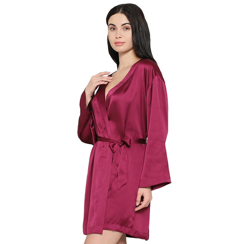 Wacoal Women’s Long Sleeve Knee Length Shiny Finish Bridal Wear Satin Robe-Burgandy