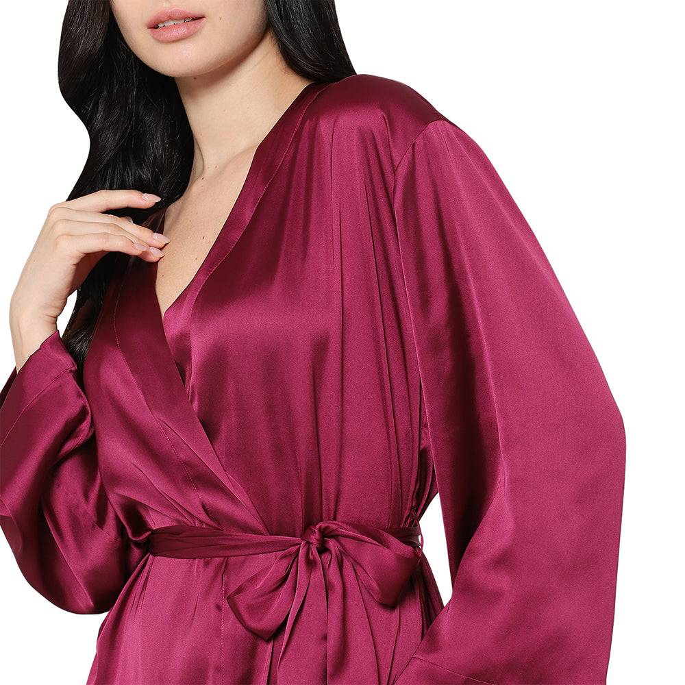 Wacoal Women’s Long Sleeve Knee Length Shiny Finish Bridal Wear Satin Robe-Burgandy