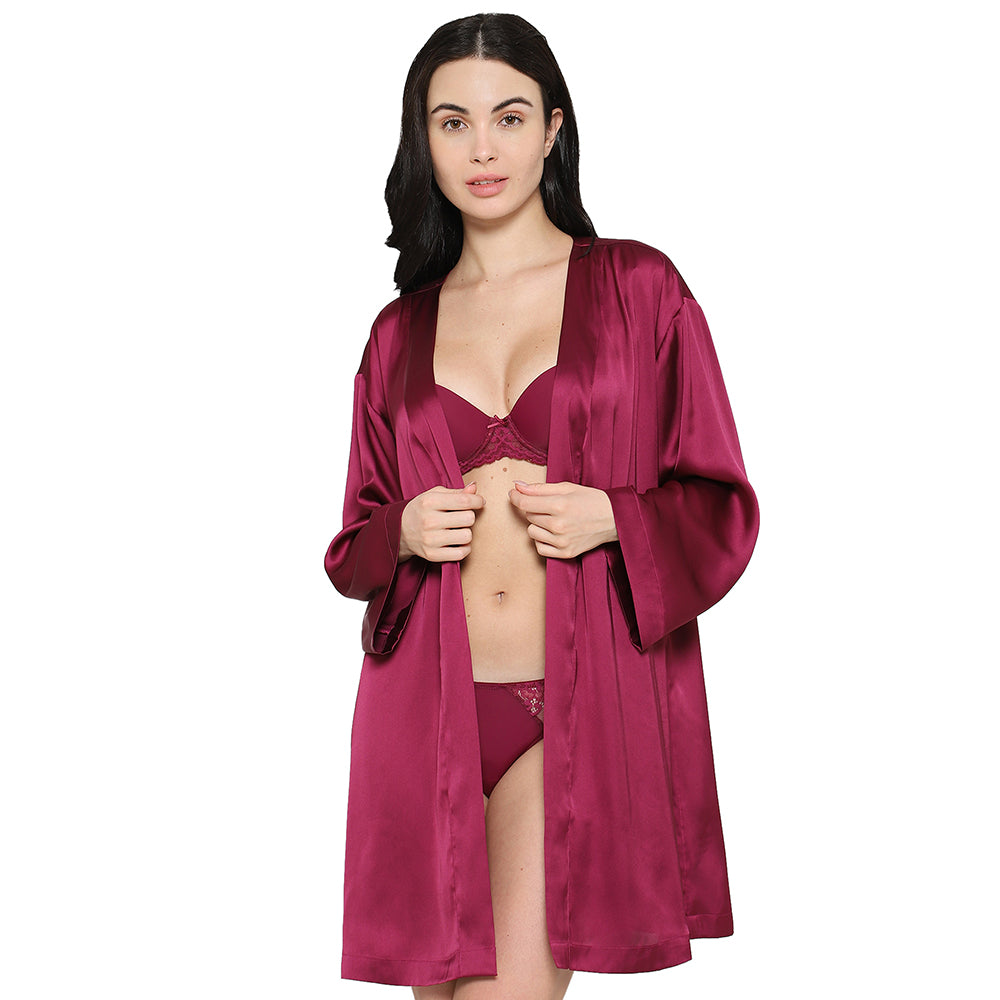 Wacoal Women’s Long Sleeve Knee Length Shiny Finish Bridal Wear Satin Robe-Burgandy