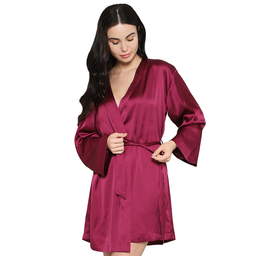 Wacoal Women’s Long Sleeve Knee Length Shiny Finish Bridal Wear Satin Robe-Burgandy