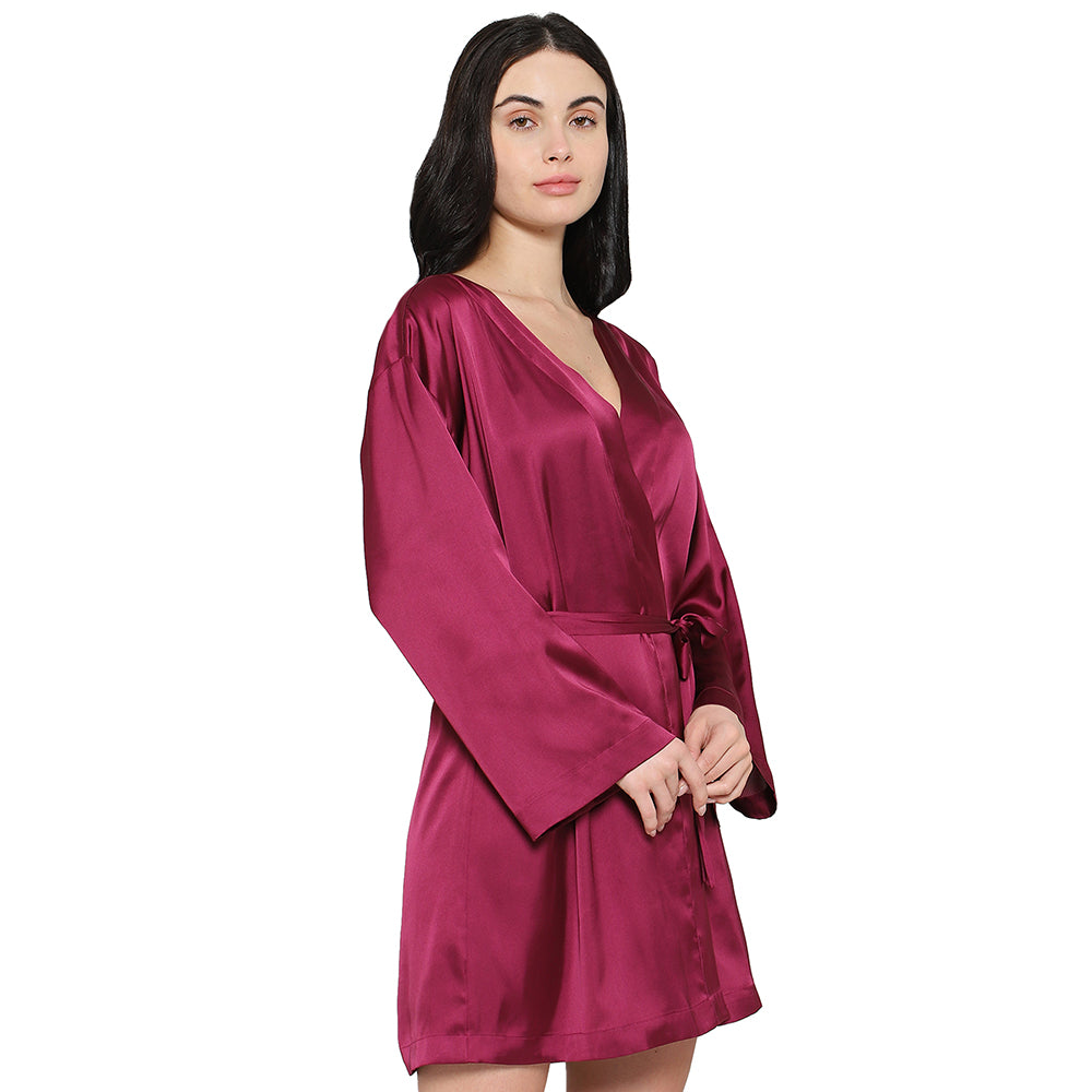 Wacoal Women’s Long Sleeve Knee Length Shiny Finish Bridal Wear Satin Robe-Burgandy