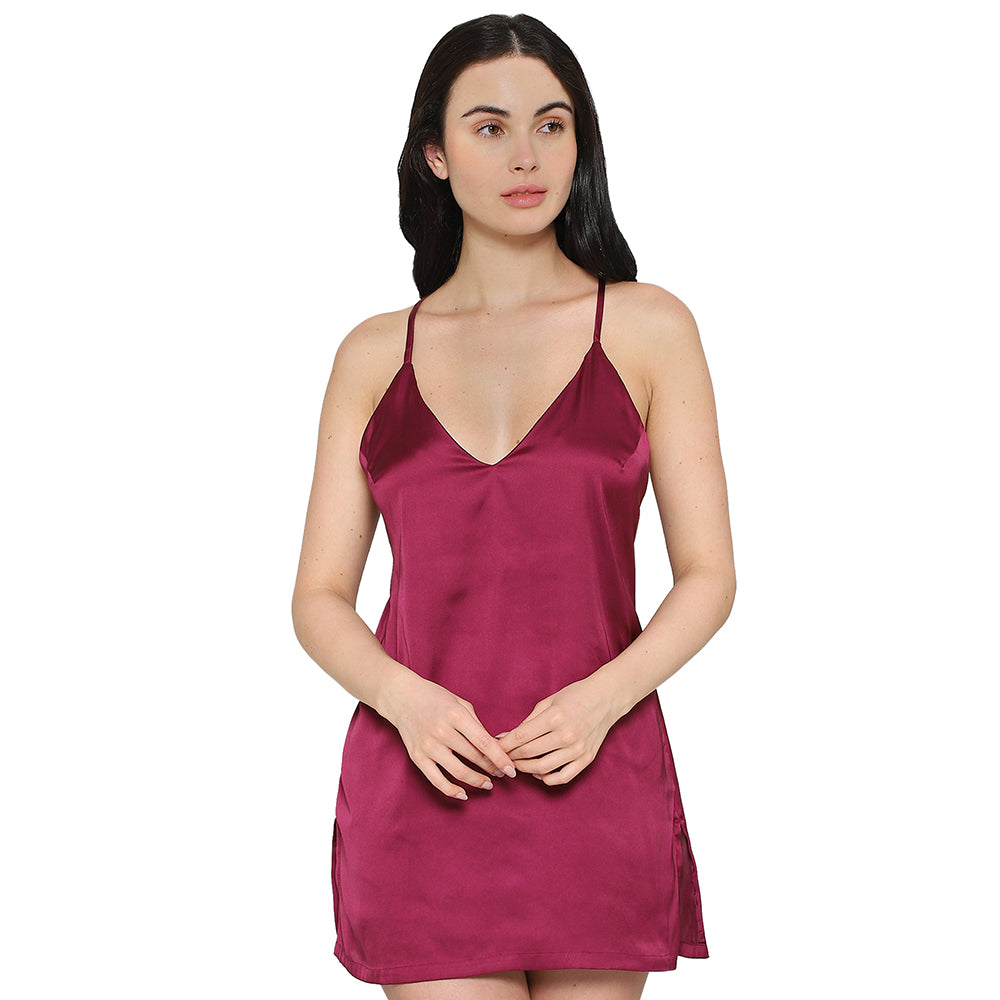 Wacoal Women’s Camisole Mid Length Shiny Finish Strappy Bridal Wear Satin Camisole-Burgandy