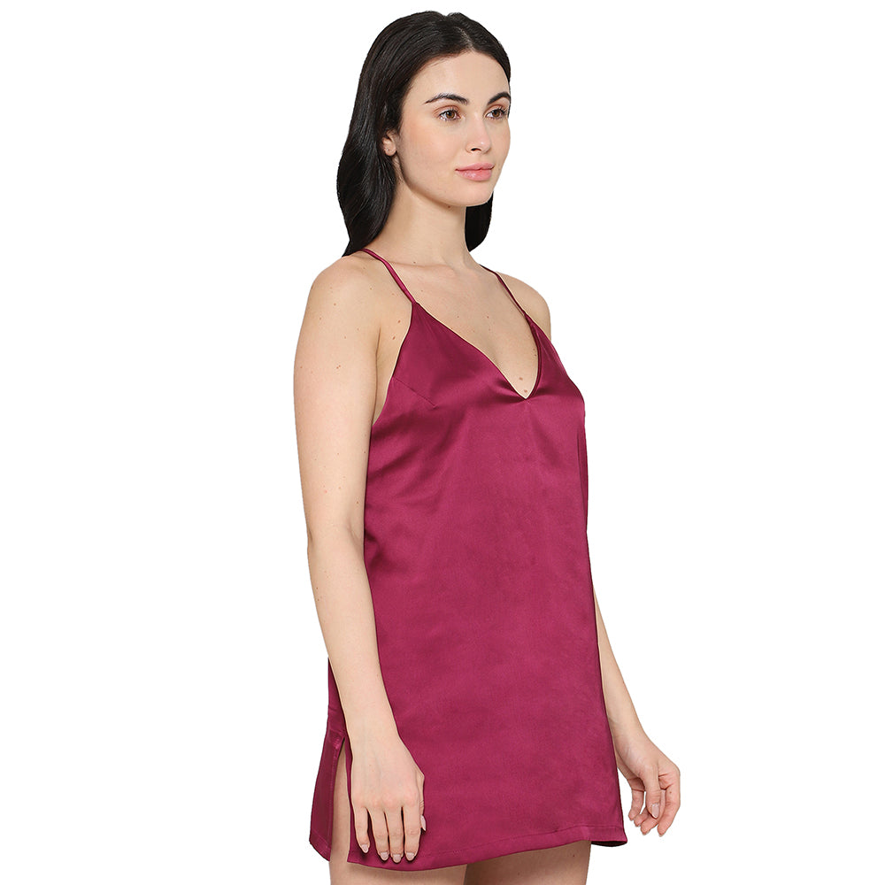 Wacoal Women’s Camisole Mid Length Shiny Finish Strappy Bridal Wear Satin Camisole-Burgandy