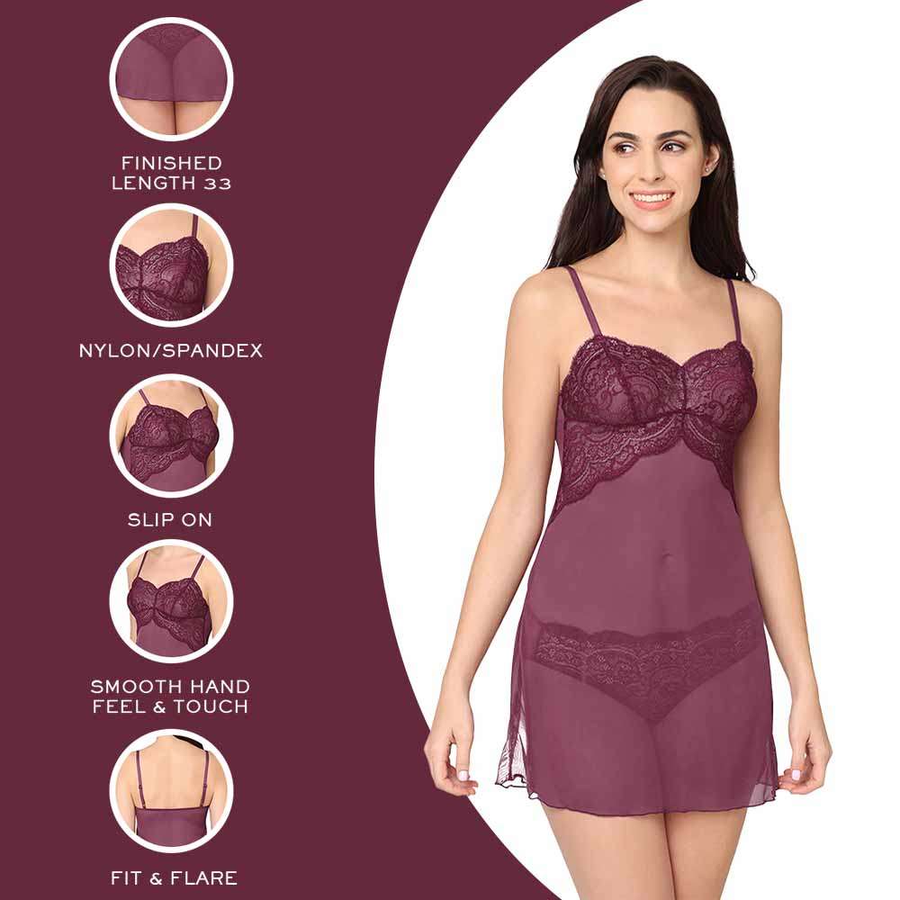 Essential Lace Non Padded Non Wired Bridal Wear Lace Babydoll Chemise - Purple