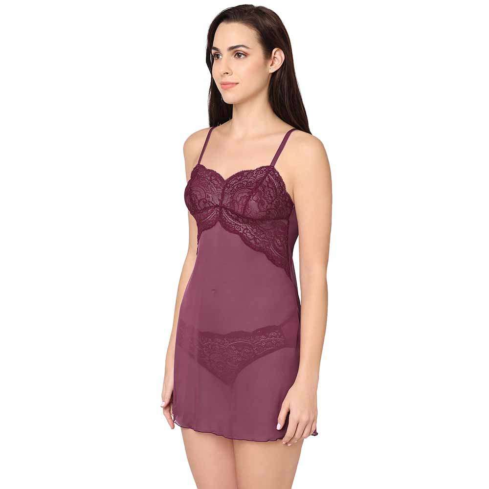 Essential Lace Non Padded Non Wired Bridal Wear Lace Babydoll Chemise - Purple
