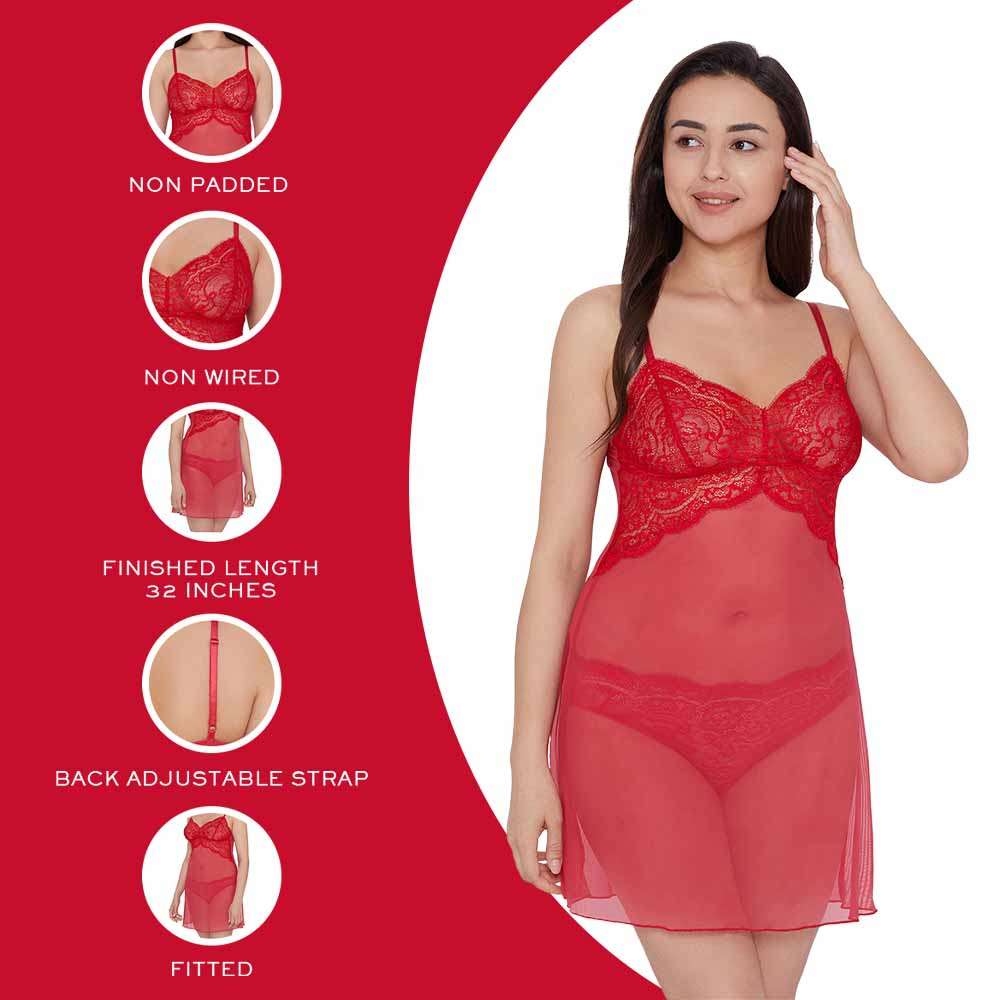Essential Lace Non Padded Non Wired Bridal Wear Lace Babydoll Chemise - Red
