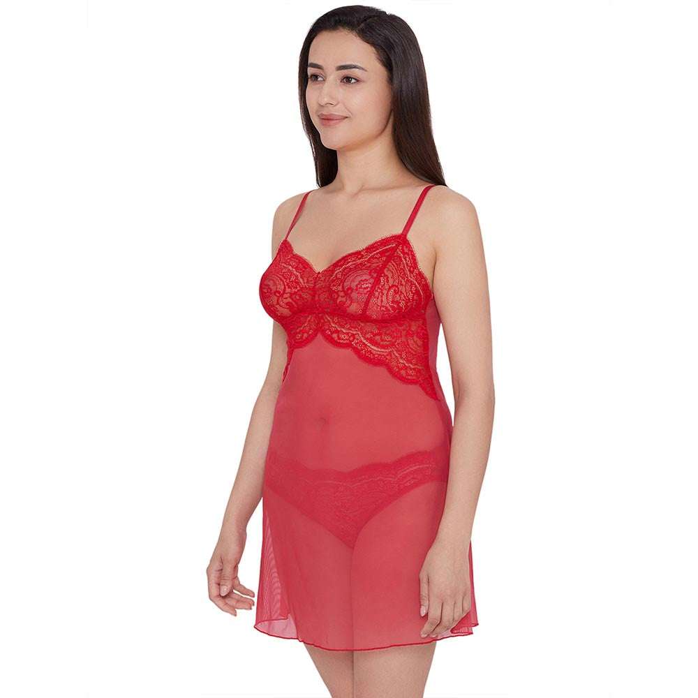 Essential Lace Non Padded Non Wired Bridal Wear Lace Babydoll Chemise - Red