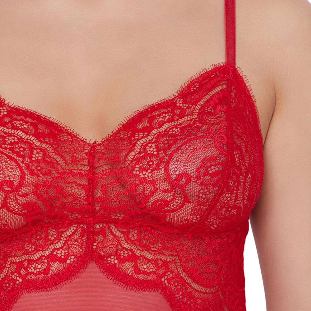 Essential Lace Non Padded Non Wired Bridal Wear Lace Babydoll Chemise - Red