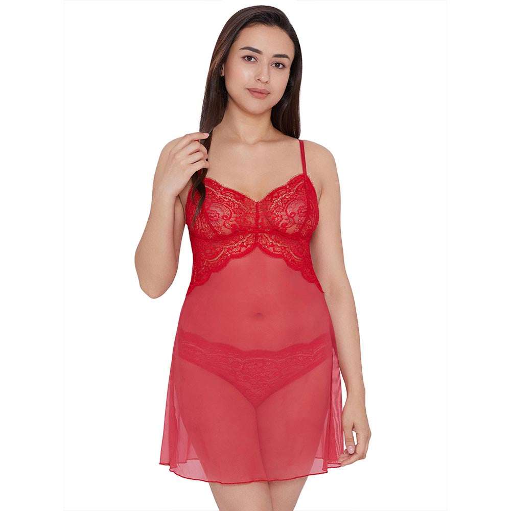 Essential Lace Non Padded Non Wired Bridal Wear Lace Babydoll Chemise - Red