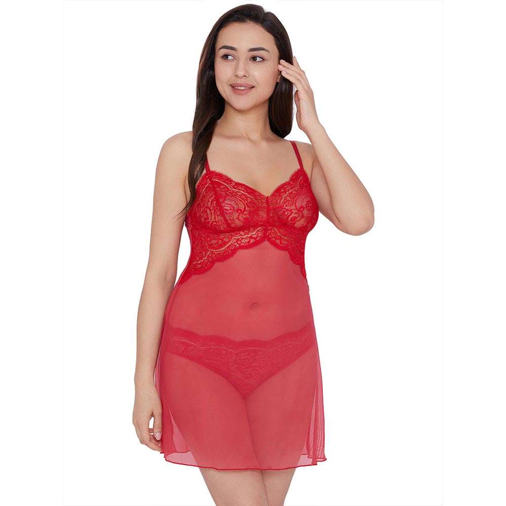 Essential Lace Non Padded Non Wired Bridal Wear Lace Babydoll Chemise - Red