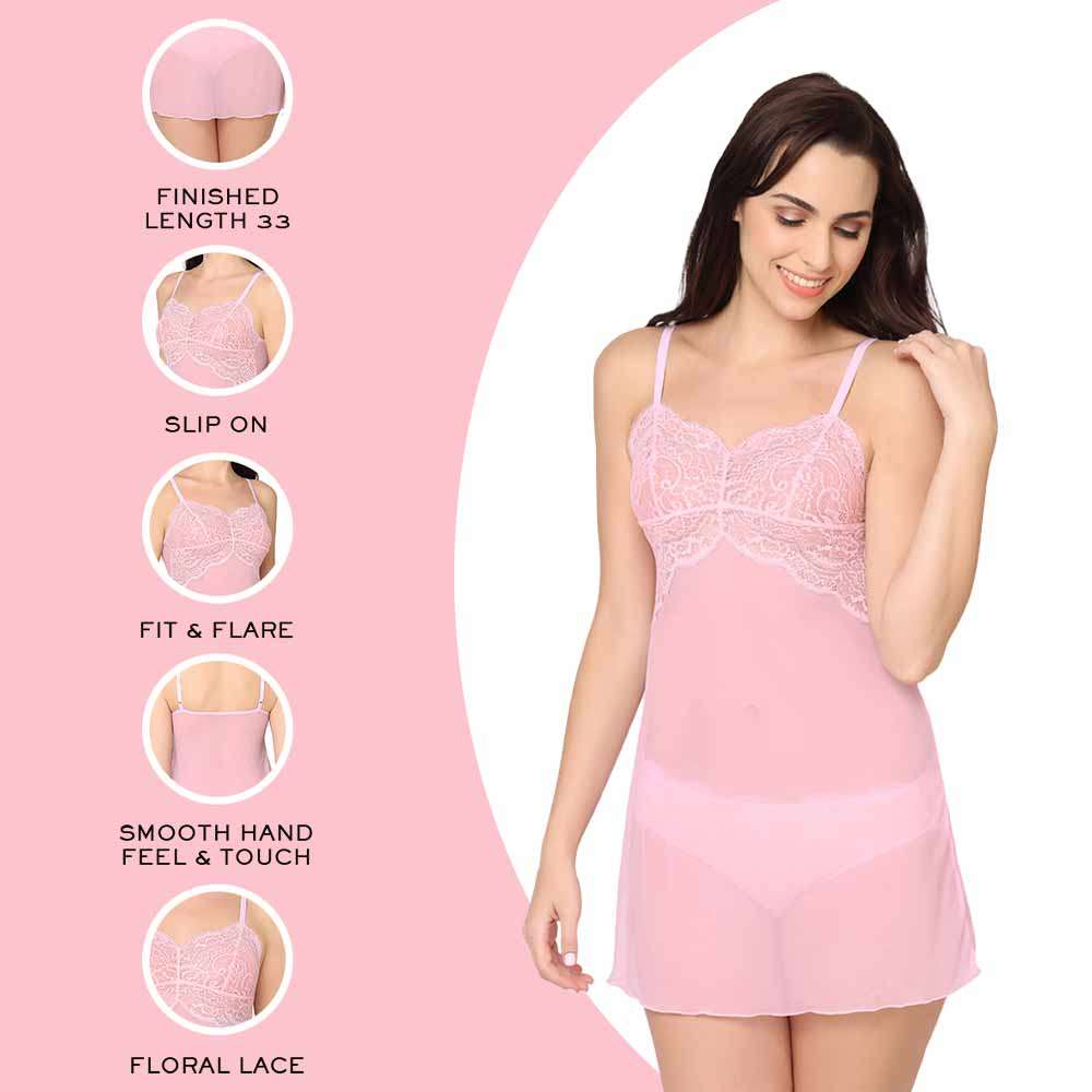 Essential Lace Non Padded Non Wired Bridal Wear Lace Babydoll Chemise - Pink