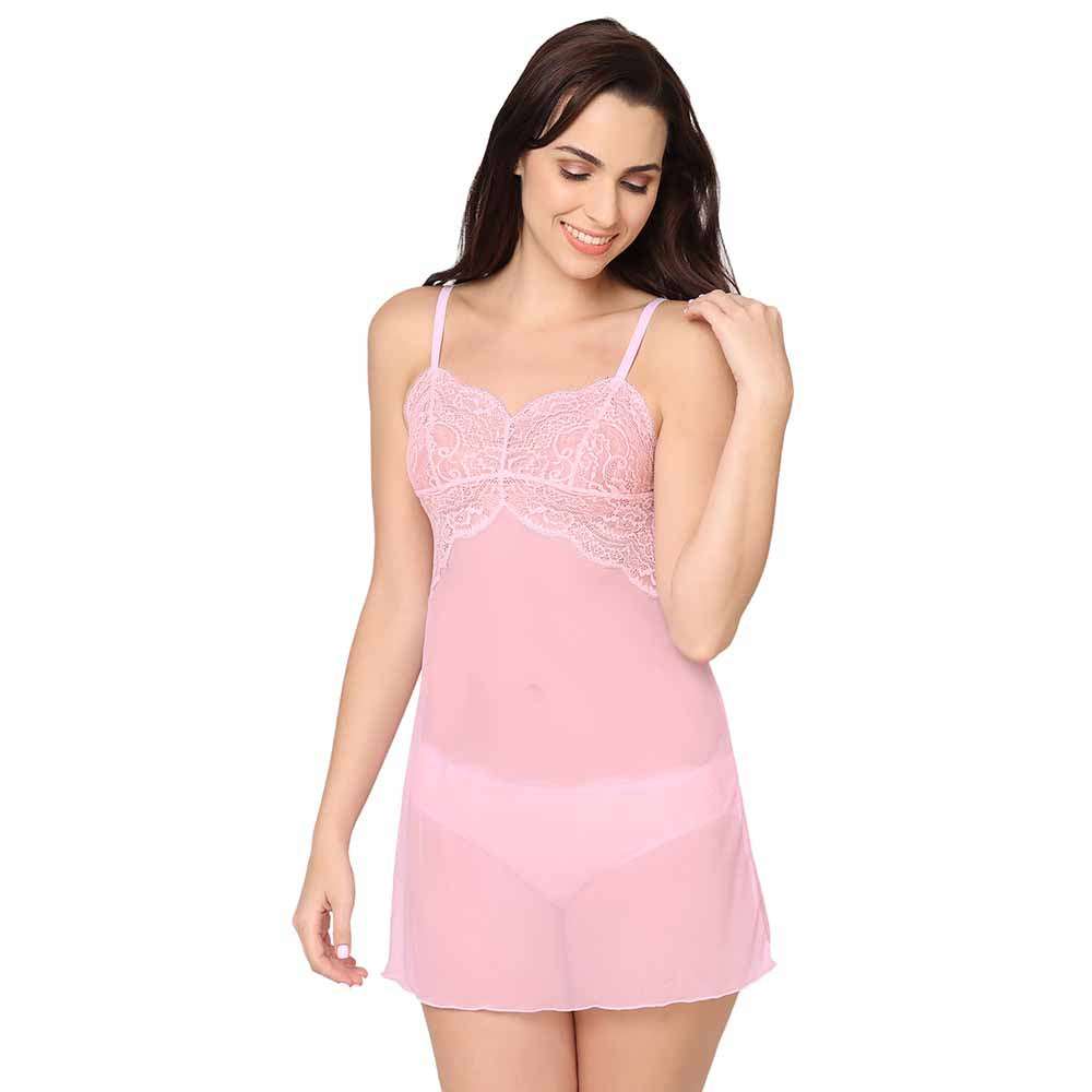Essential Lace Non Padded Non Wired Bridal Wear Lace Babydoll Chemise - Pink