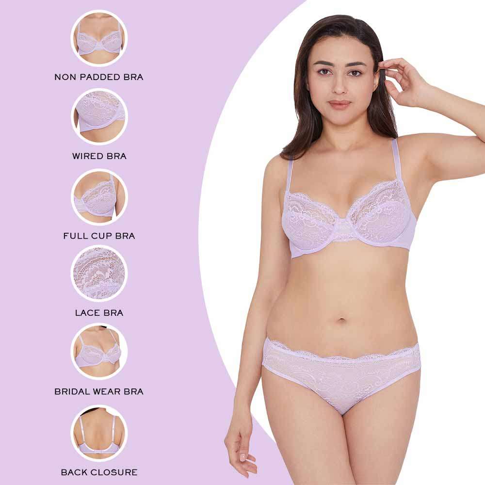 Essential Lace Non Padded Wired Full Cup Bridal Wear Lace Bra Full Support Bra - Lavender