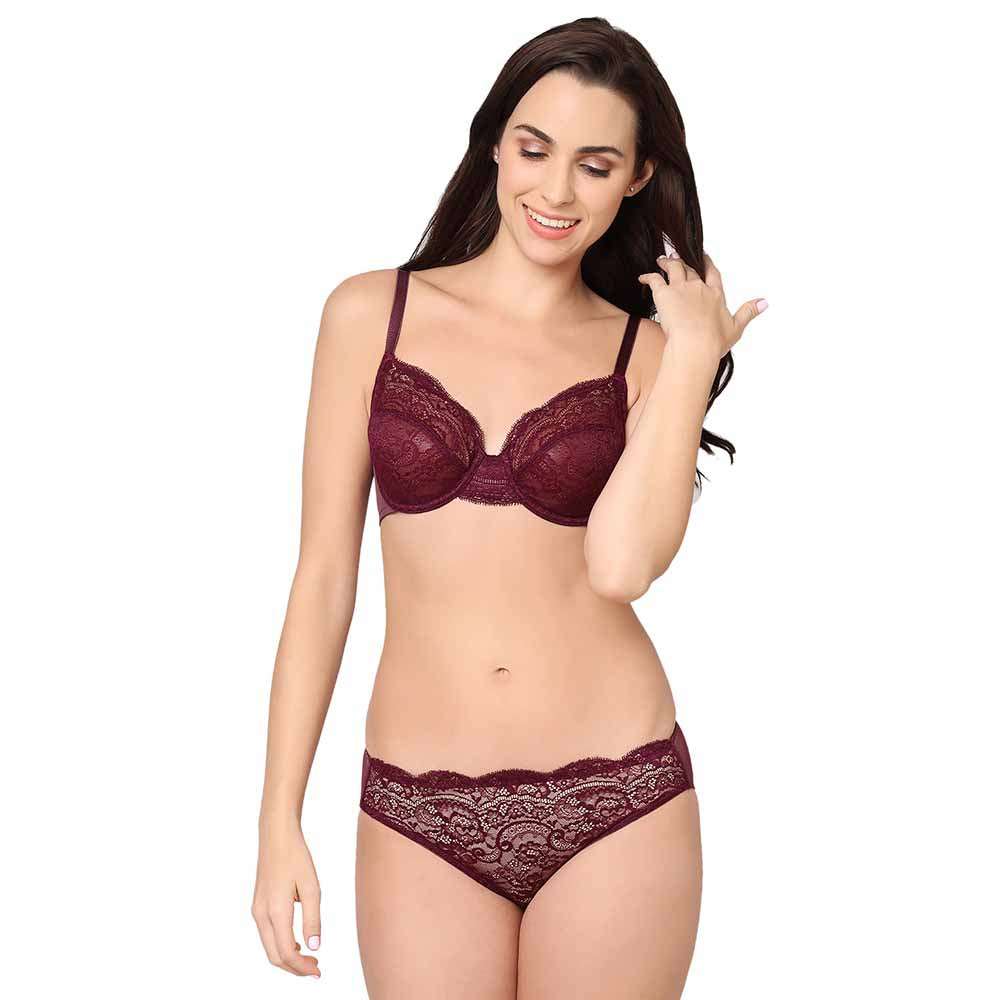 Essential Lace Non Padded Wired Full Cup Bridal Wear Lace Bra Full Support Bra - Wine