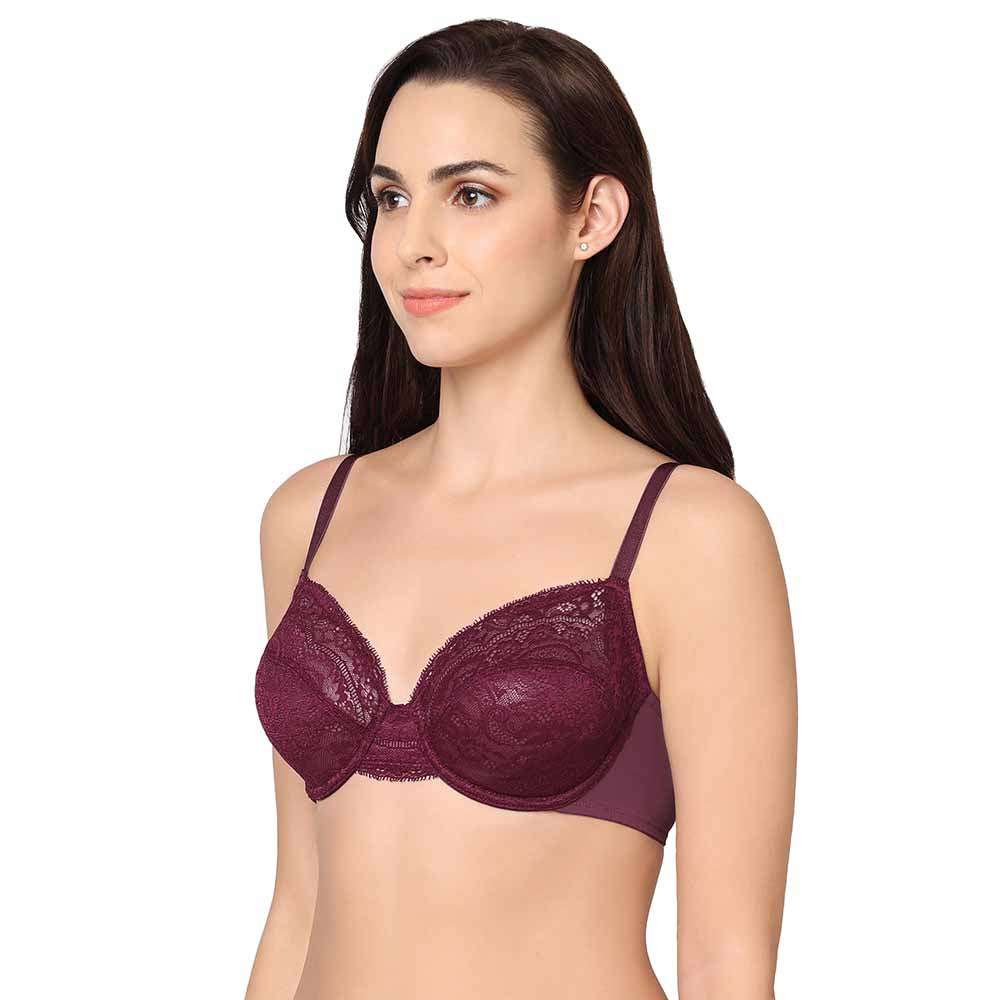 Essential Lace Non Padded Wired Full Cup Bridal Wear Lace Bra Full Support Bra - Wine