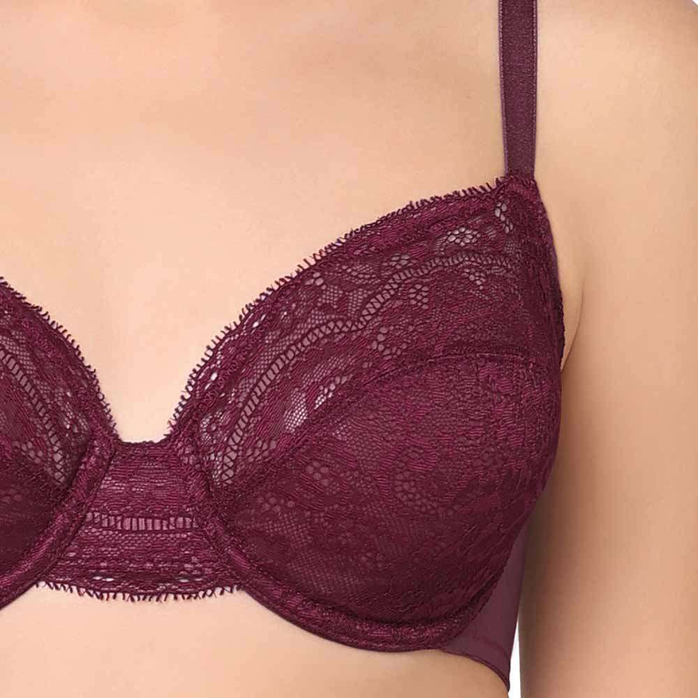 Essential Lace Non Padded Wired Full Cup Bridal Wear Lace Bra Full Support Bra - Wine