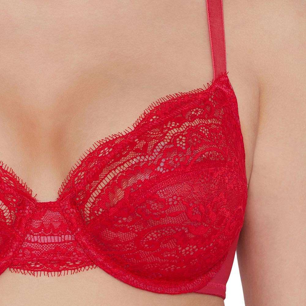 Essential Lace Non Padded Wired Full Cup Bridal Wear Lace Bra Full Support Bra - Red