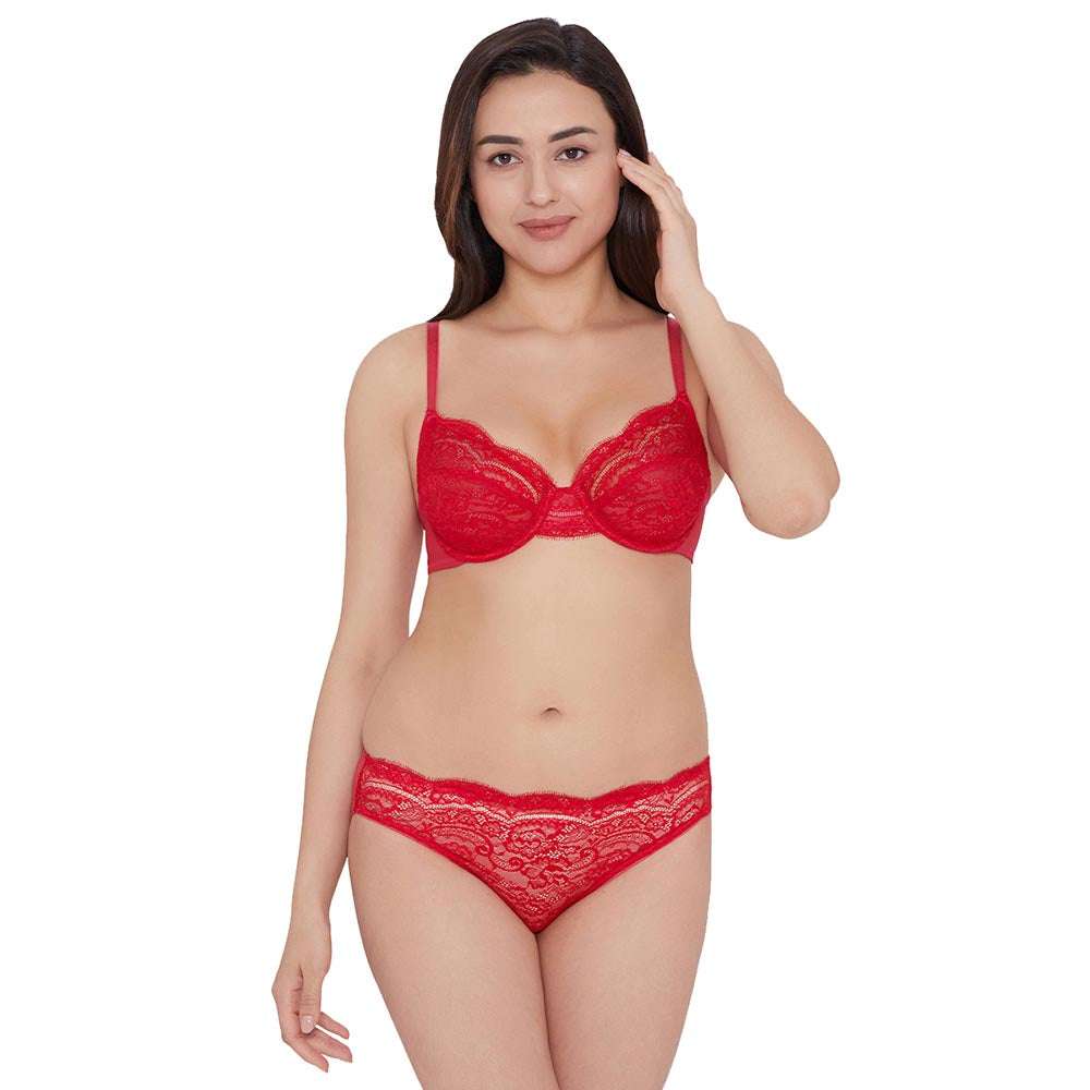 Essential Lace Non Padded Wired Full Cup Bridal Wear Lace Bra Full Support Bra - Red