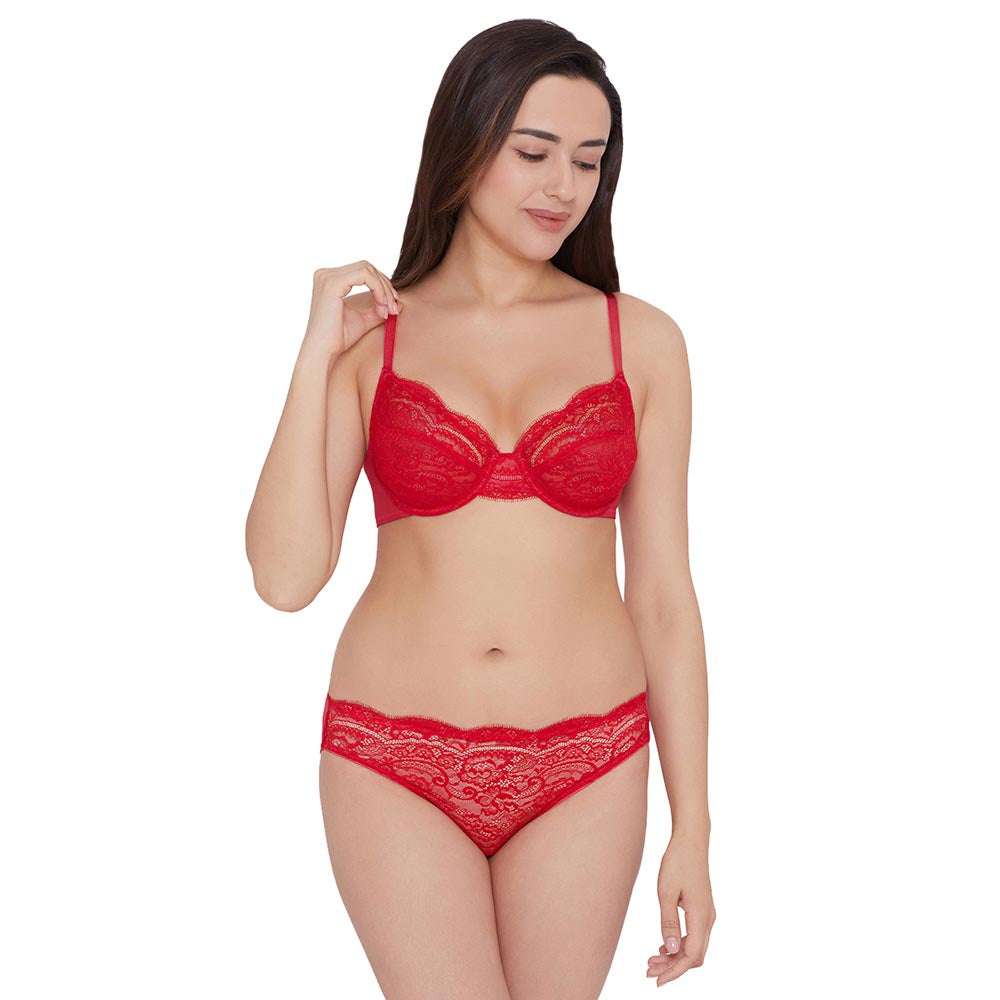 Essential Lace Non Padded Wired Full Cup Bridal Wear Lace Bra Full Support Bra - Red